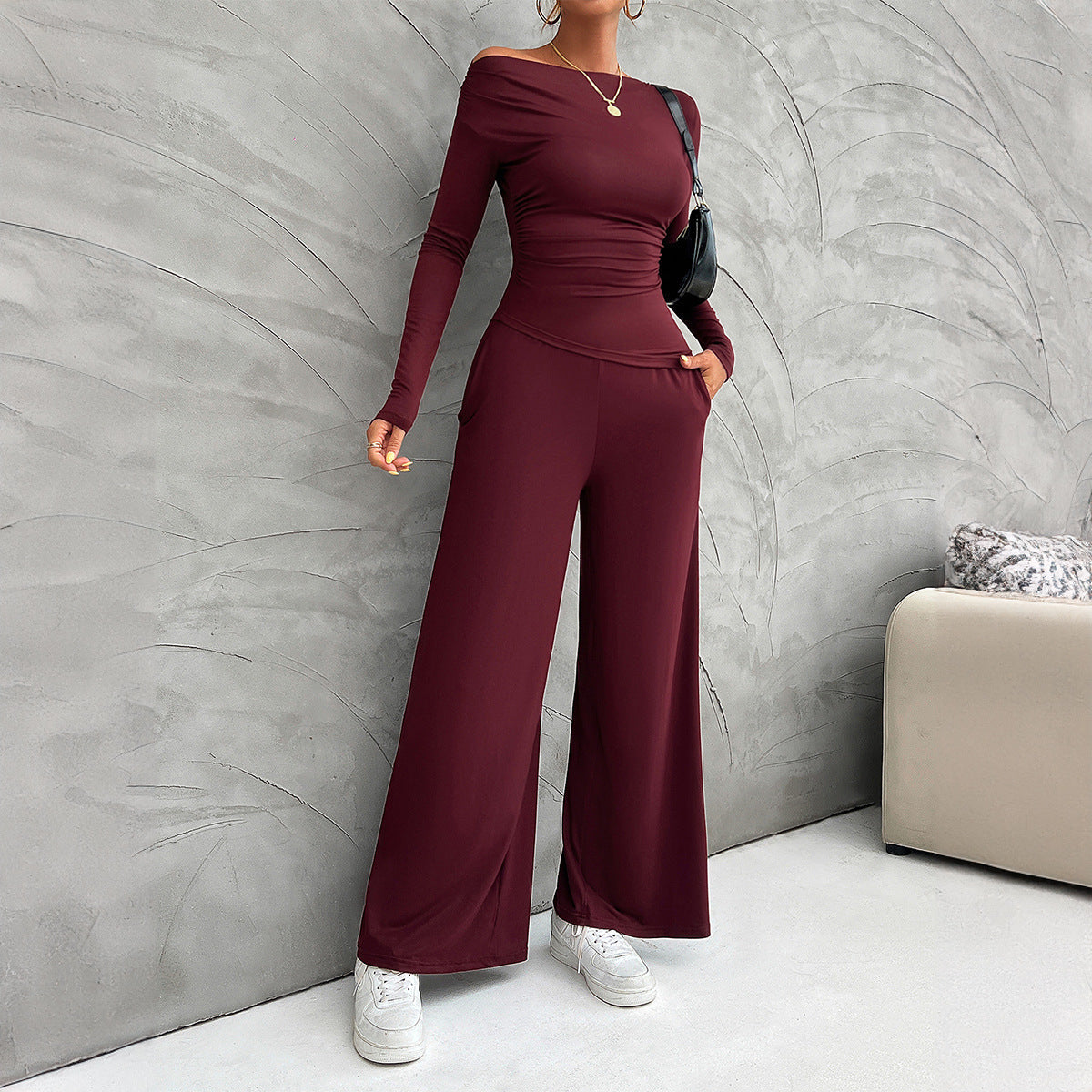 Women's Suit Clothing – Slim Fit Long-Sleeved Top – High-Waisted Wide Pants
