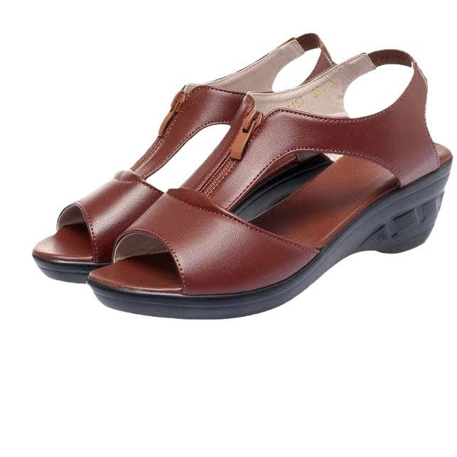 Women's Wedge Sandals – Open Toe – Zipper – Breathable Faux Leather – Comfort Fit