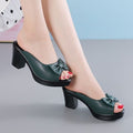 Women's Heeled Sandals – Faux Leather – Open Toe – Chunky Heel – Bow Detail