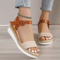 Women's sandals with wedge heel – Imitation leather – Jute sole – Open toe – Buckle closure