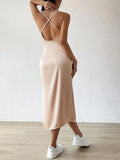 Women's Satin Slip Dress - Midi Length - Slit Detail - Elegant & Tailored