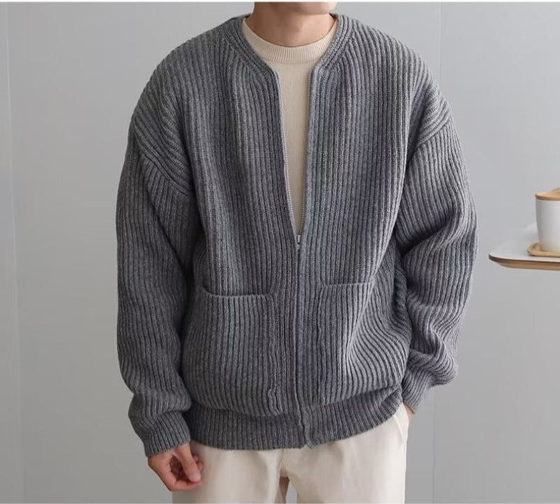 Oversized Cotton Blend Band Collar Cardigan Jacket