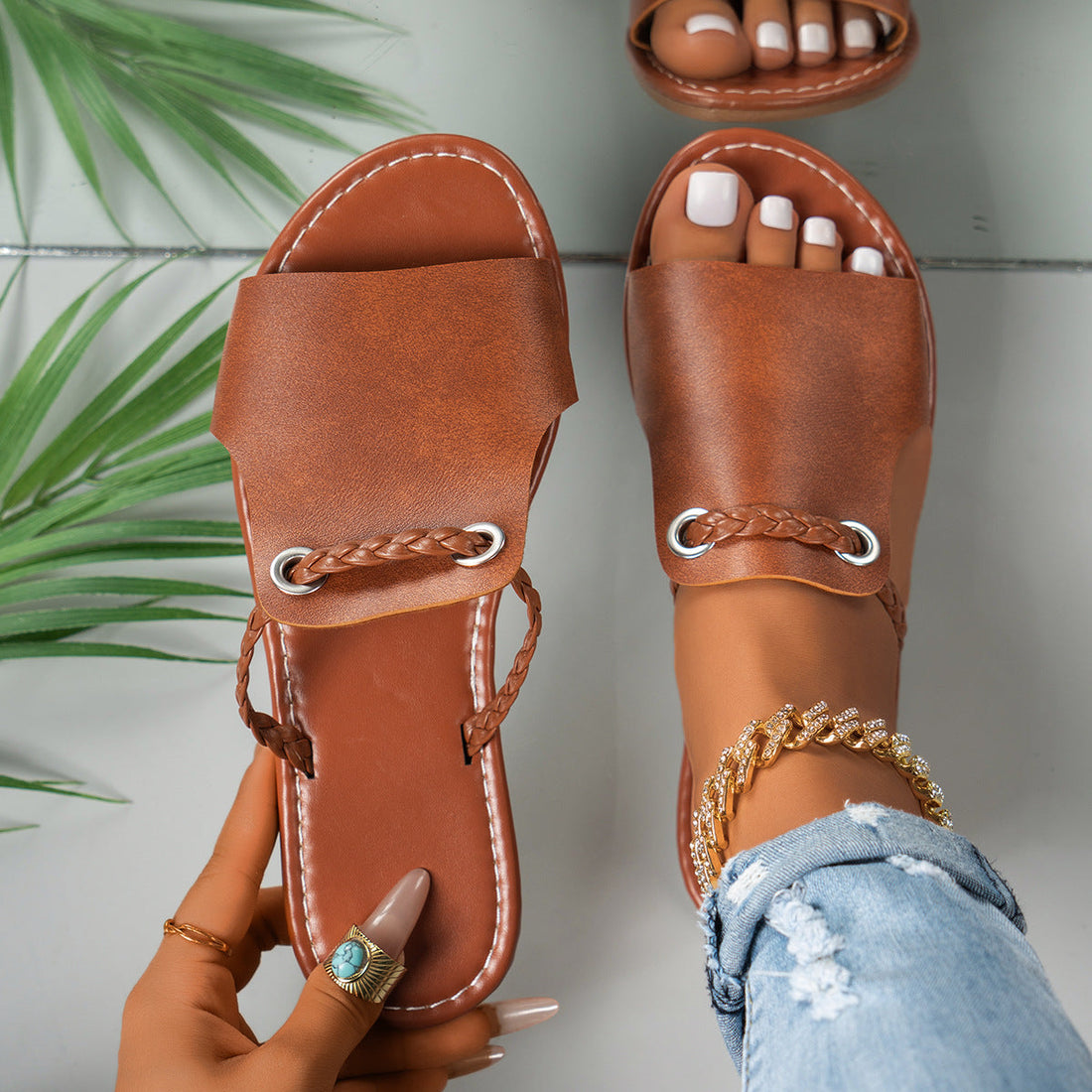 Dame Sandaler – Flad Hæl – Flettet Rem – Polstret Sål – Slip-On Komfort