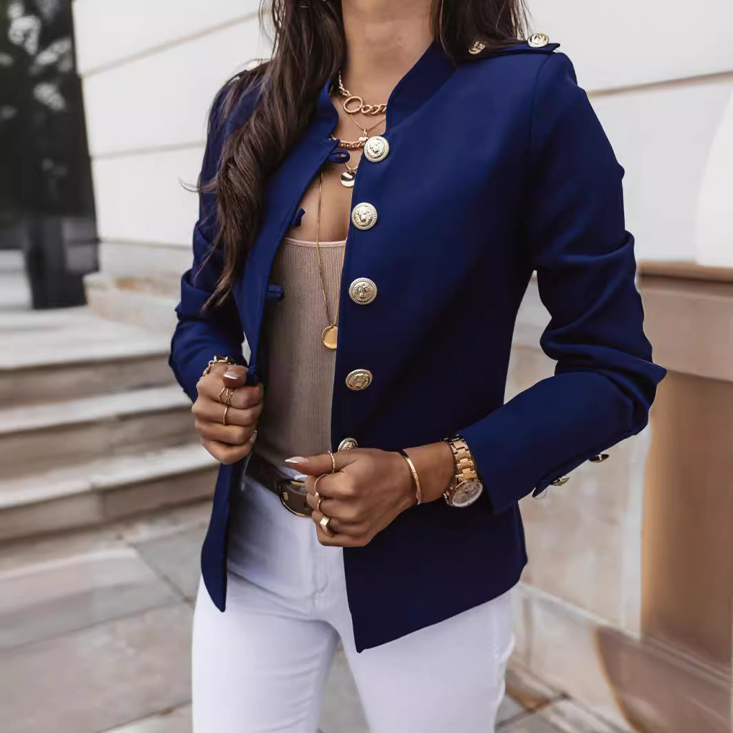 Slim Mandarin Collar Metallic Button Blazer