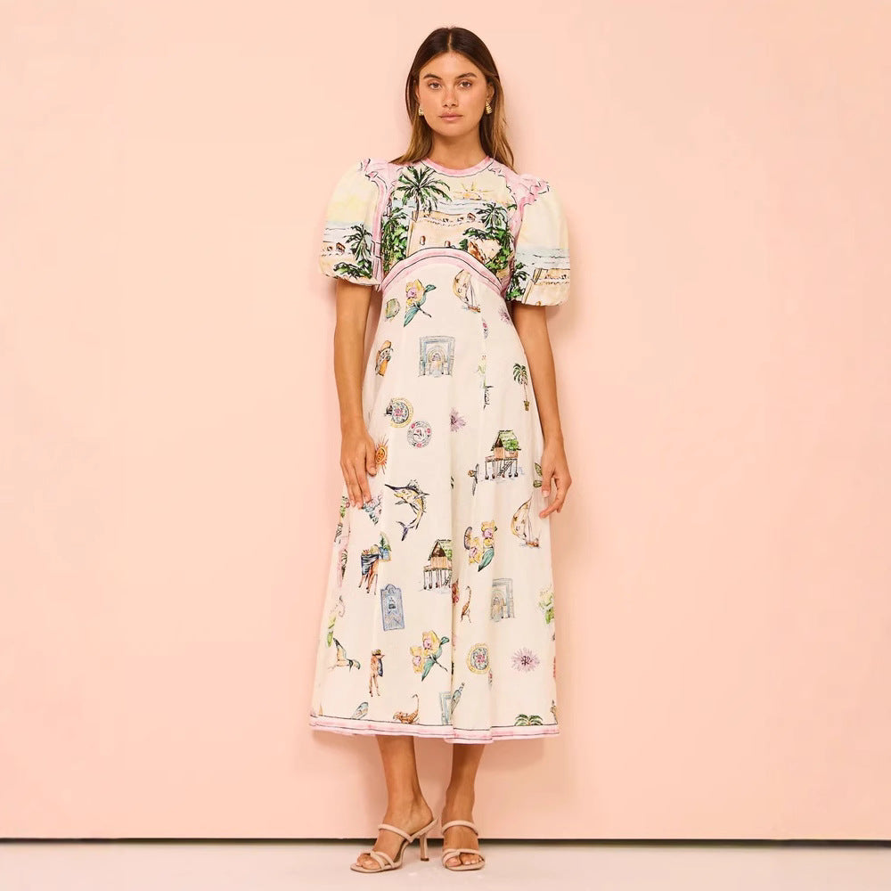 Artistic Print Puff Sleeve A-Line Dress