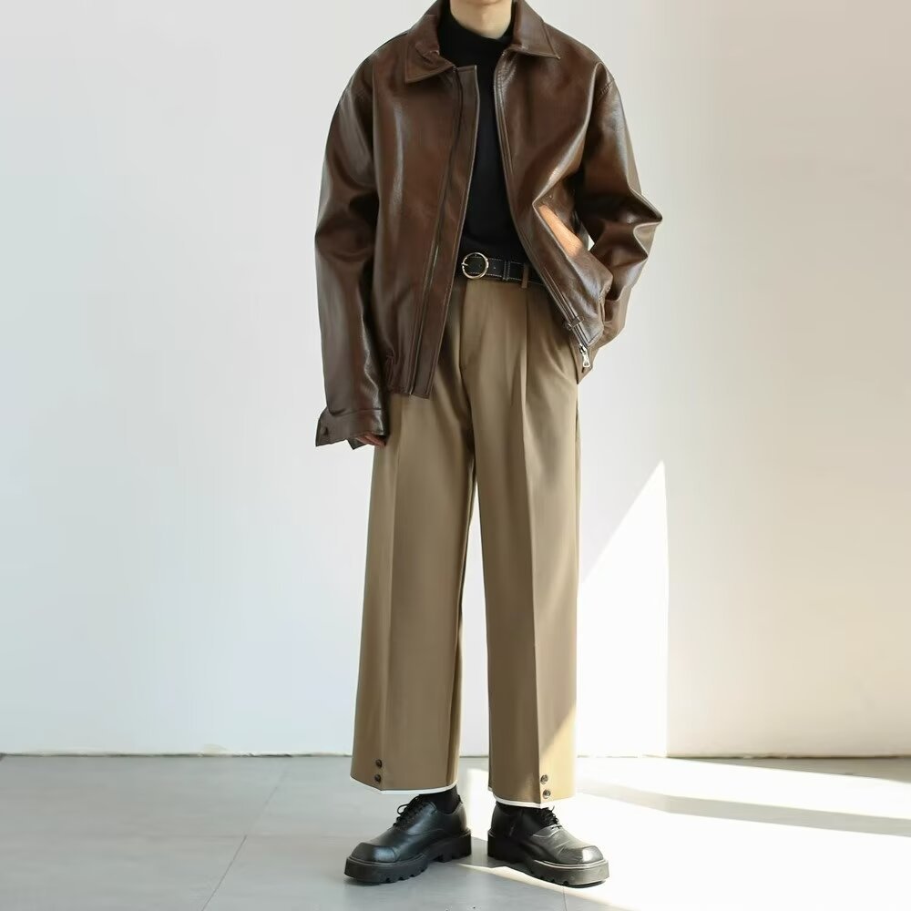 Men's Leather Jacket – Oversized Fit – Cropped Cut – Zipper Closure – Streetwear Style