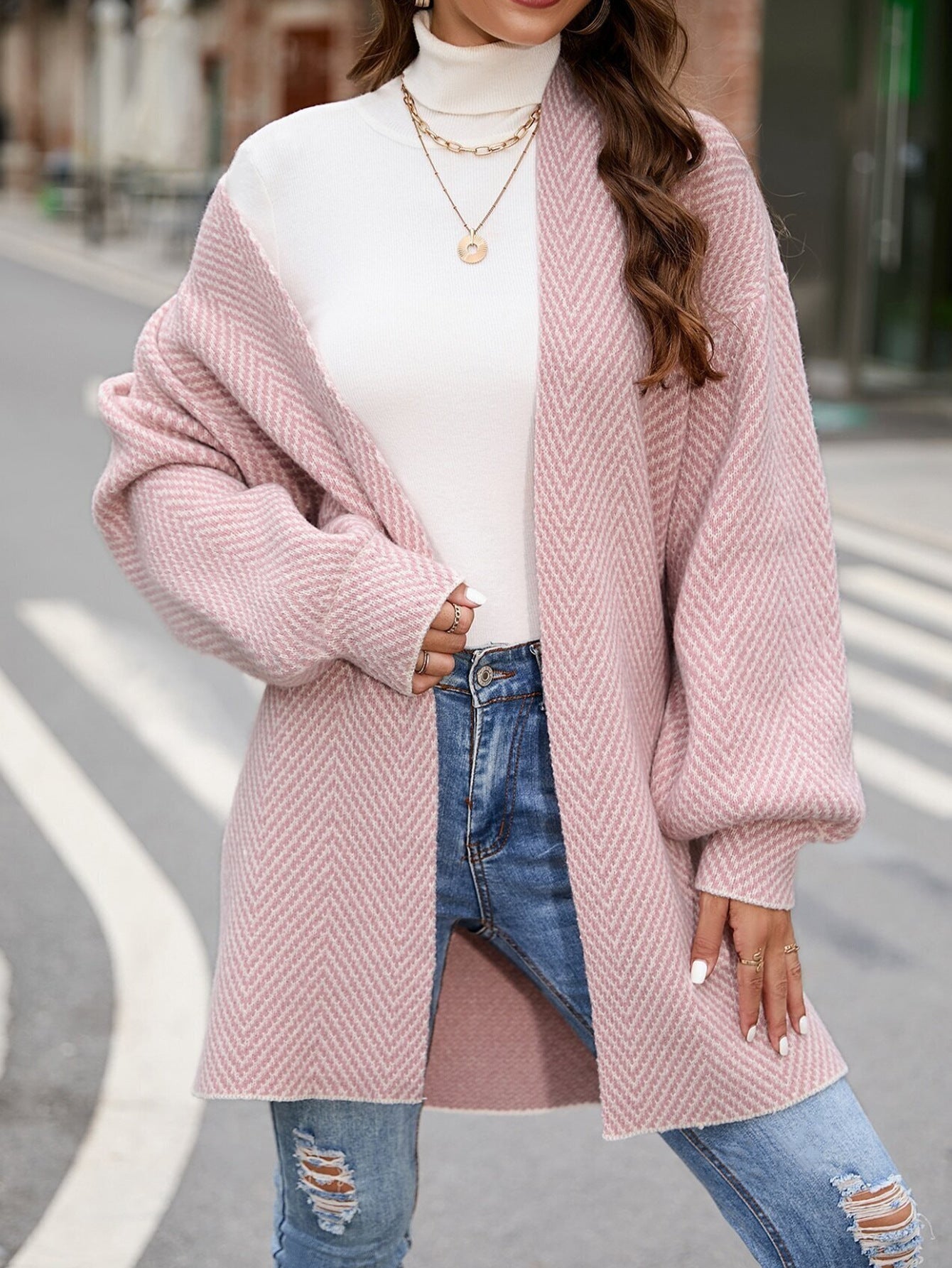 Women's Cardigan – Knit – Relaxed Fit – Open Front – Long Sleeves – Herringbone Pattern