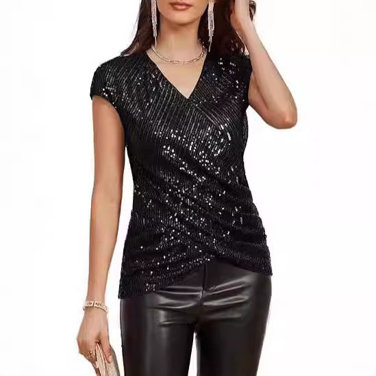 Dame Top – Slim Fit – V-Hals – Ærmeløs – Asymmetrisk Drapering – Pailletdesign
