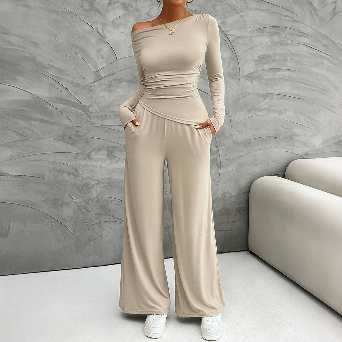 Women's Suit Clothing – Slim Fit Long-Sleeved Top – High-Waisted Wide Pants