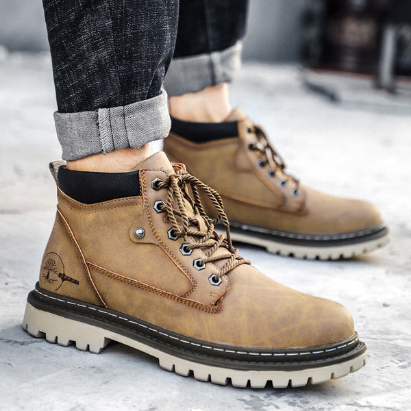 Men’s Boots - Faux Leather - Ankle-High - Lace-Up - Lugged Sole