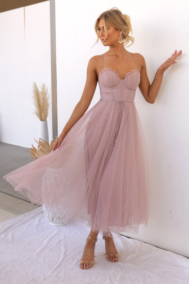 Women's Evening Dress – Slim Fit A-line – Mesh Overlay – Spaghetti Straps – Midi Length