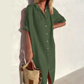 Women's Shirt Dress – Cotton Linen Blend – Relaxed Fit – Short Sleeve – Button Closure