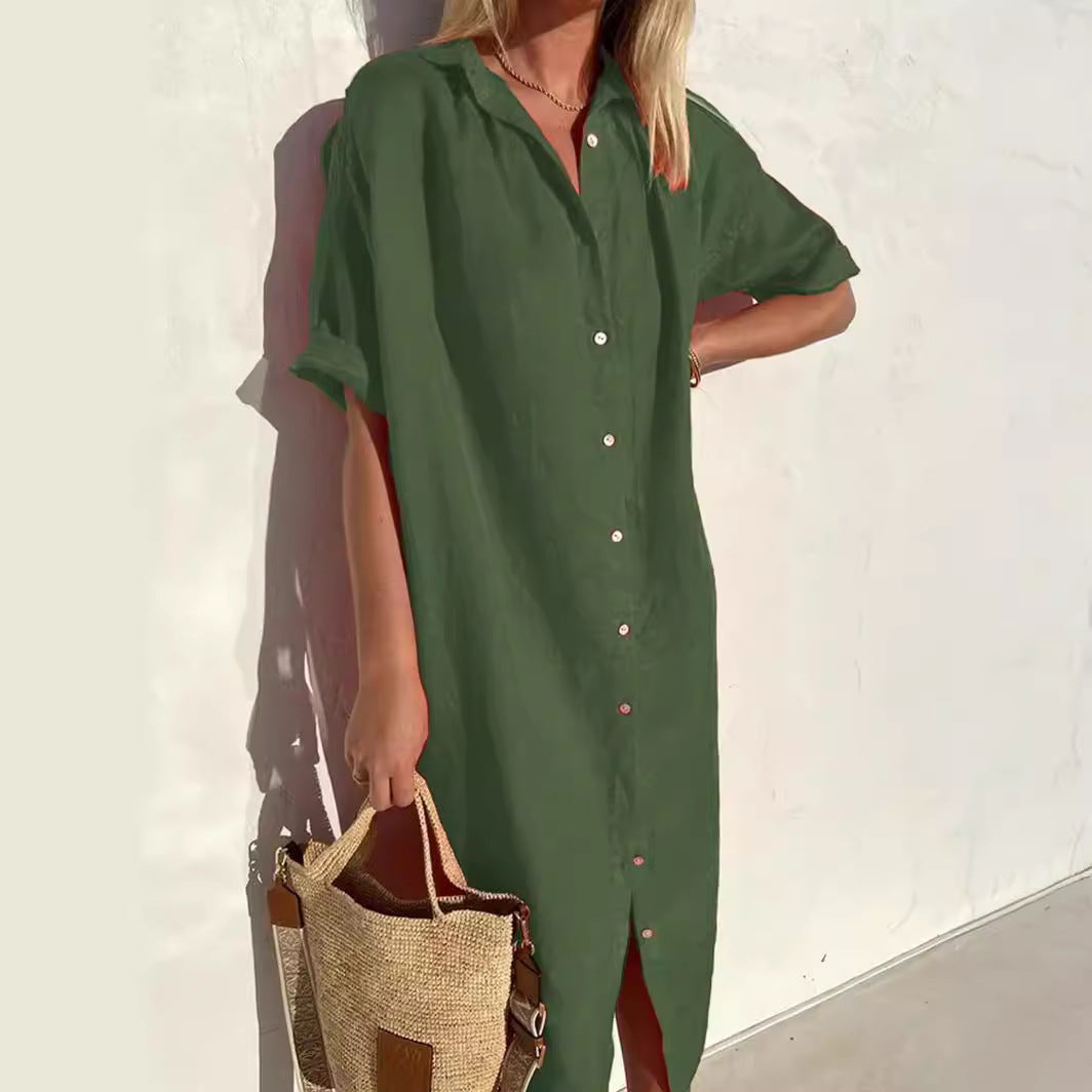 Women's Shirt Dress – Cotton Linen Blend – Relaxed Fit – Short Sleeve – Button Closure