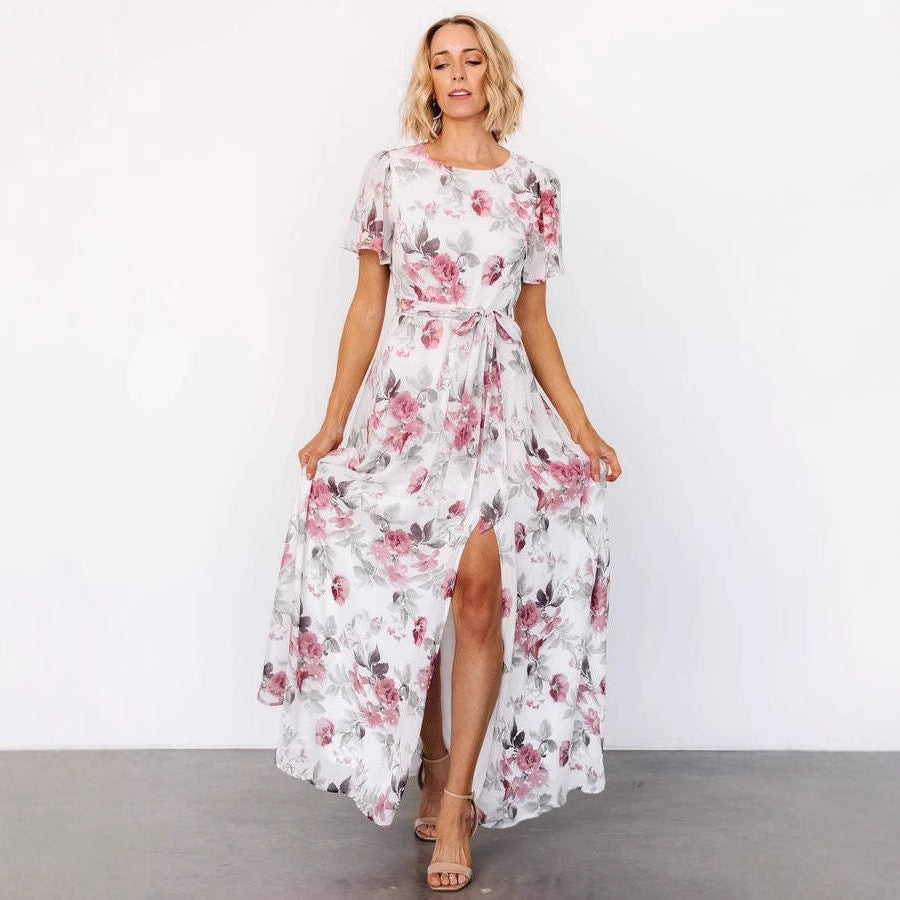 Dame Maxikjole – Slank Pasform – Korte Ærmer – Rund Hals – Blomsterprint – Frontslids