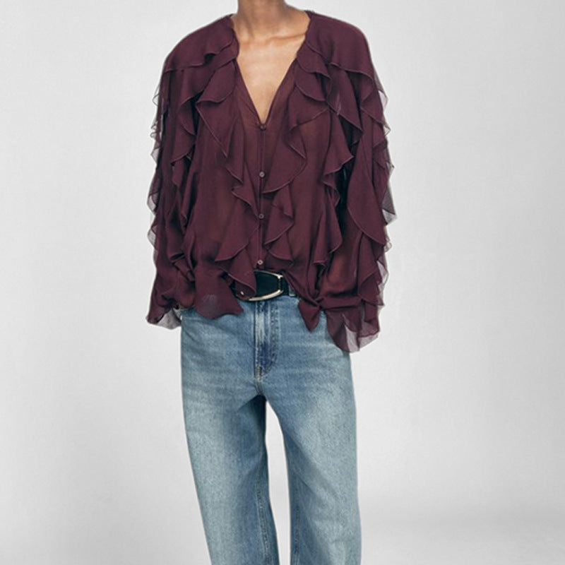 Loose Fit Ruffle Front V-Neck Blouse