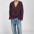 Women's Blouse – Loose Fit – Chiffon Look – Ruffle Front – Button Closure – V-neck