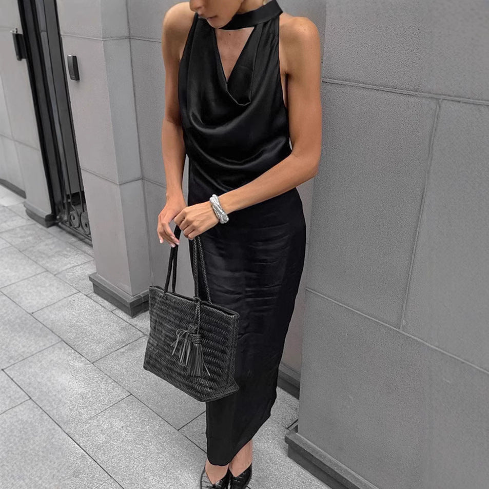 Damekjole – Satin Bodycon – Halterneck – Draperet Cowl-udskæring – Midi Elegant