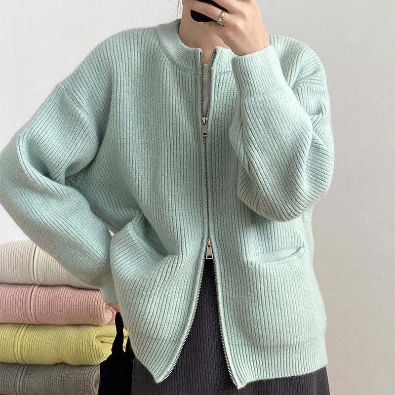 Ribbed Knit Wool Mix Double Zipper Cardigan