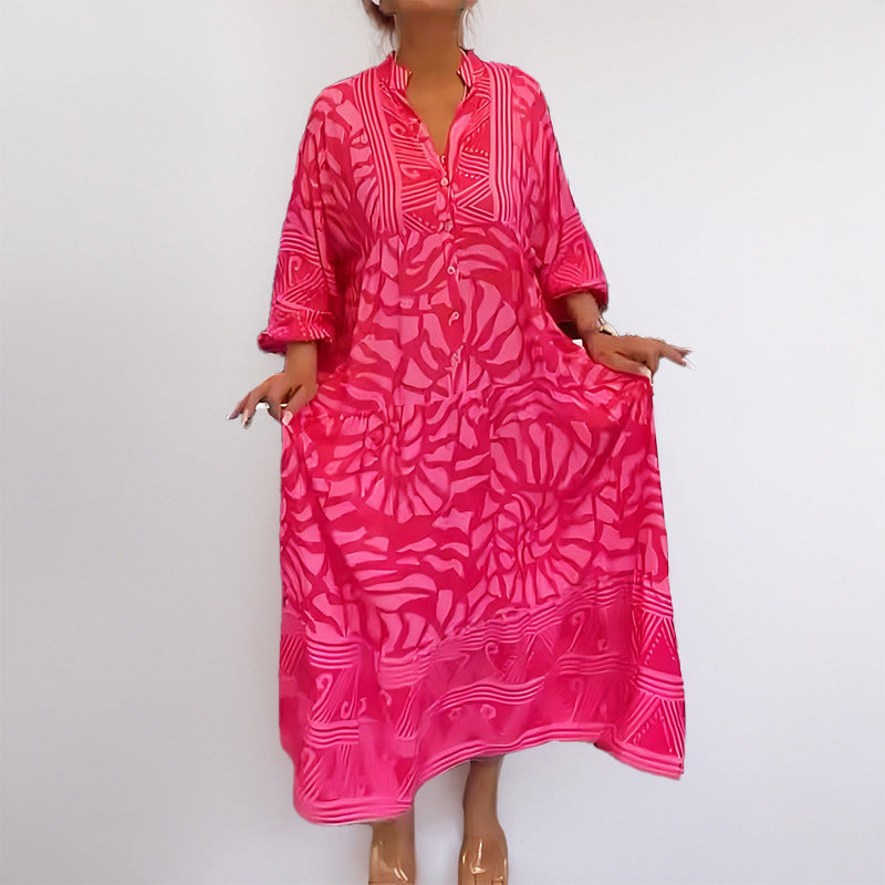 Printed Loose Fit Rolled Sleeve Midi Dress