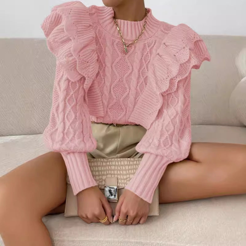 Women's Knit Sweater – Crop Fit – Cable Knit – Ruched Shoulder – Long Sleeves