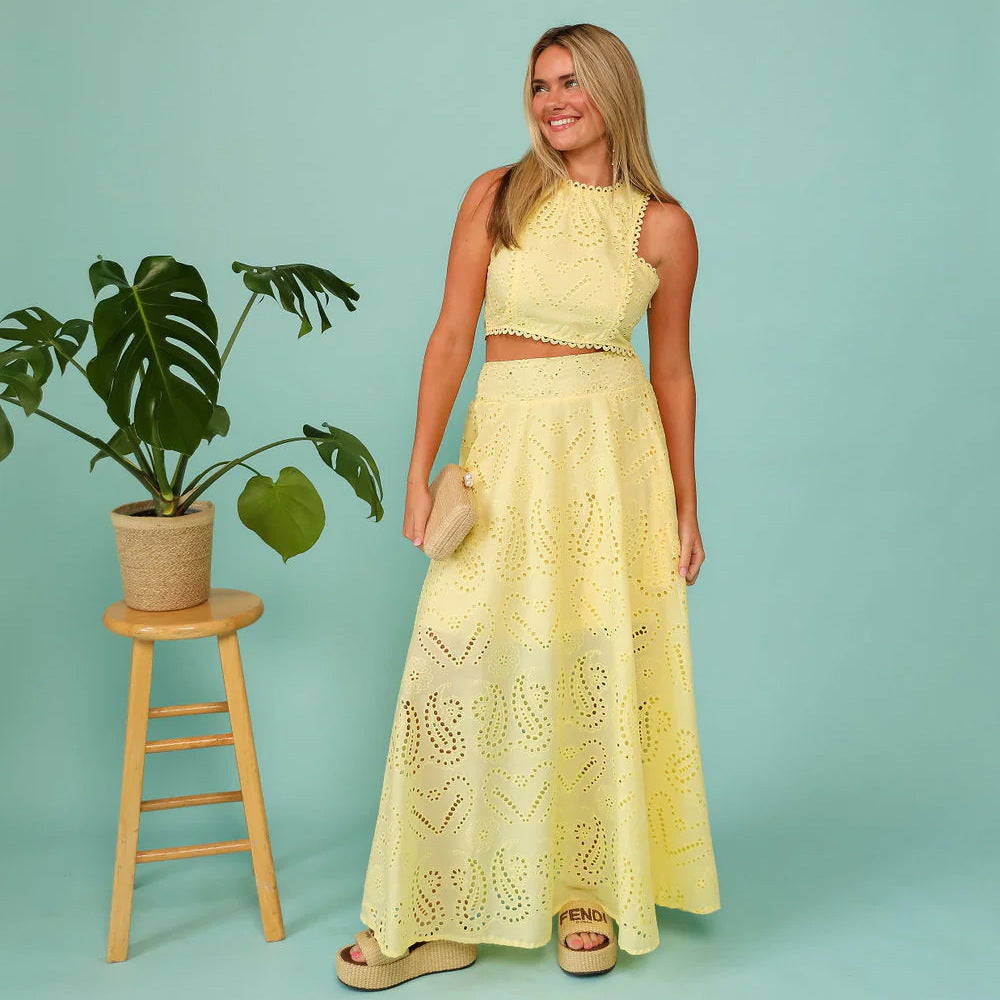 Broderie Cropped Flared High-Waist Two-Piece Set