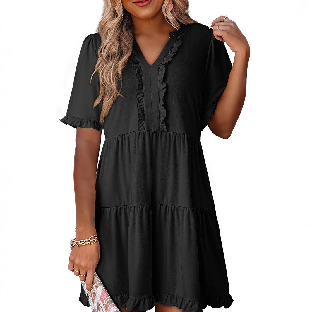 Women's Dress A-line – Relaxed Fit – V-neck – Ruffle Details – Short Sleeved – Layered