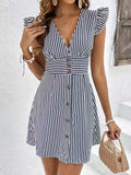 Women's Dress – A-line Cut – V-neckline – Ruffle Sleeves – Button Closure – Striped