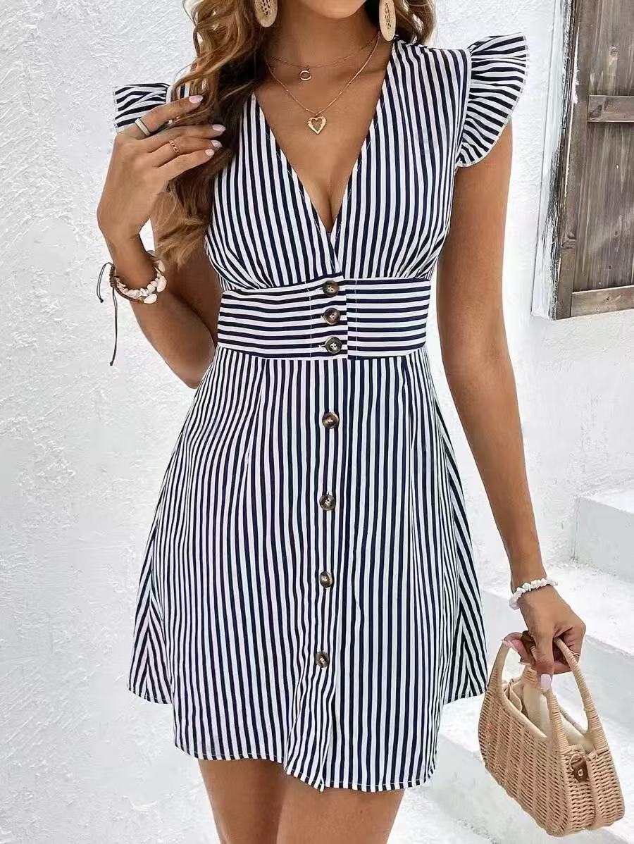 Women's Dress – A-line Cut – V-neckline – Ruffle Sleeves – Button Closure – Striped