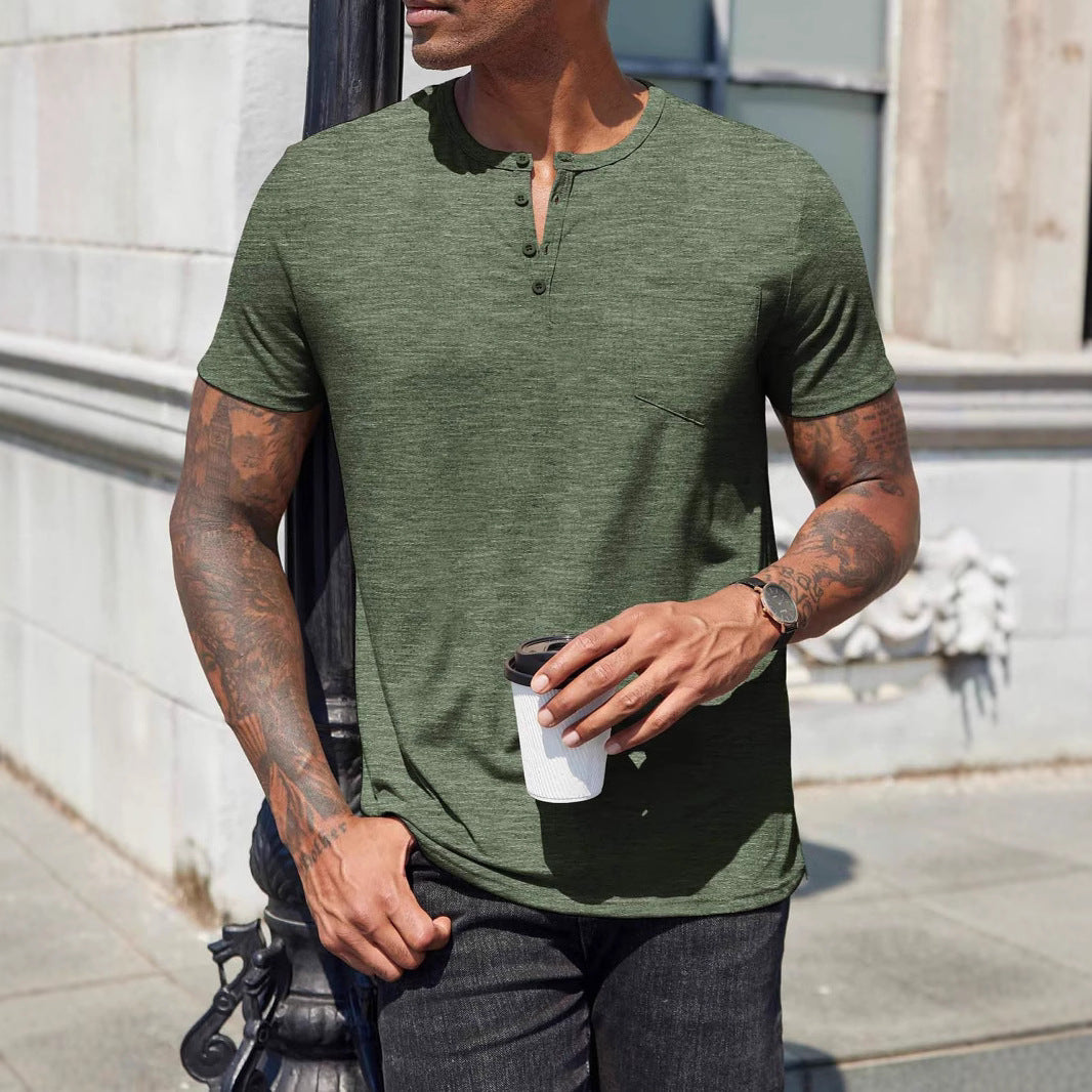 Herre T-shirt – Slim Fit – Blød bomuldsblanding – Henley-hals – Kort ærme