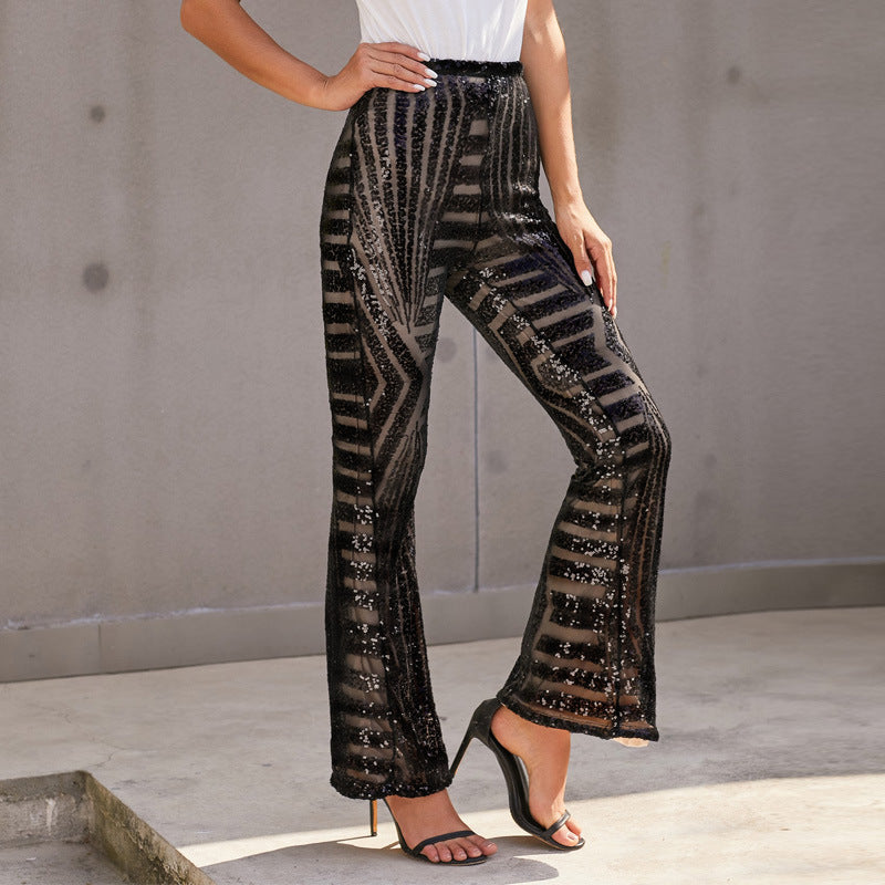 Sequin Embellished High Waisted Wide Leg Pants