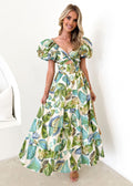 Dress for women – Maxi length – Loose fit – Puff sleeves – Cut-out waist – Layered skirt – Abstract print