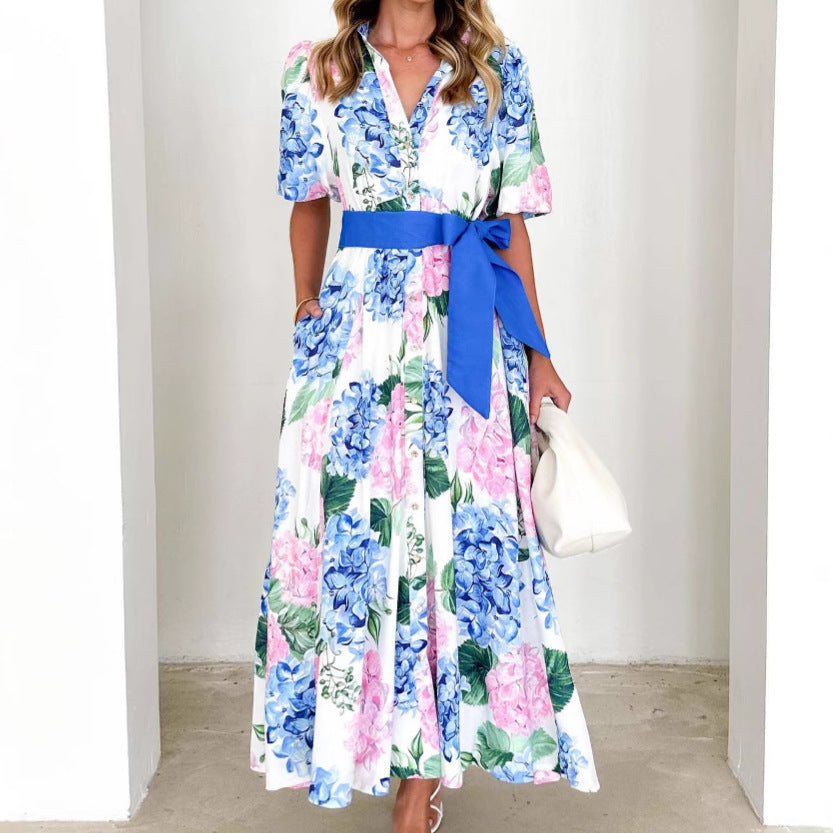 Dress for Women – Maxi – A-line Fit – Button Closure – Floral Print – Waistband