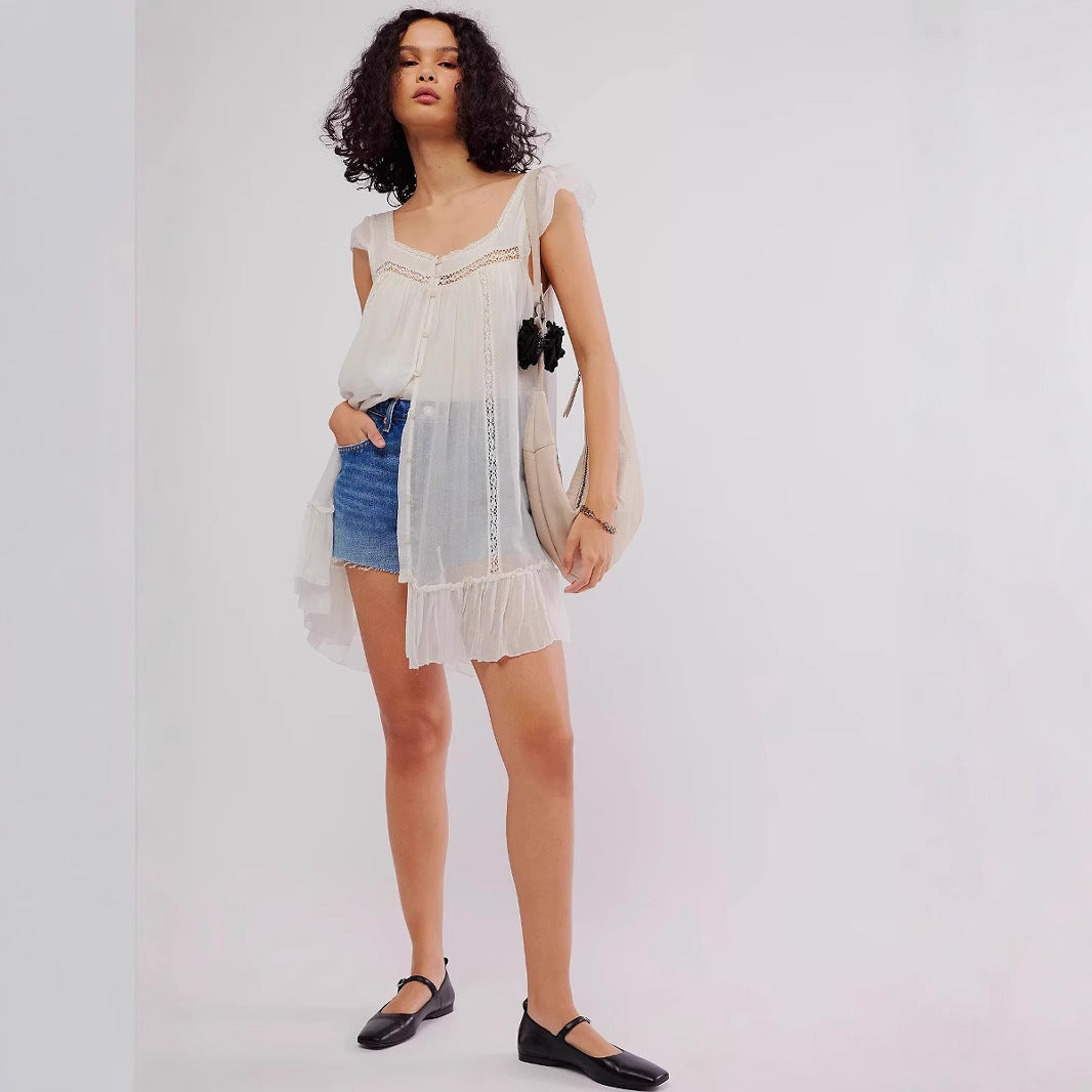 Dame Mini Kjole – Ærmeløs Chiffon – Løs Pasform – Knaplukning og Blondekant