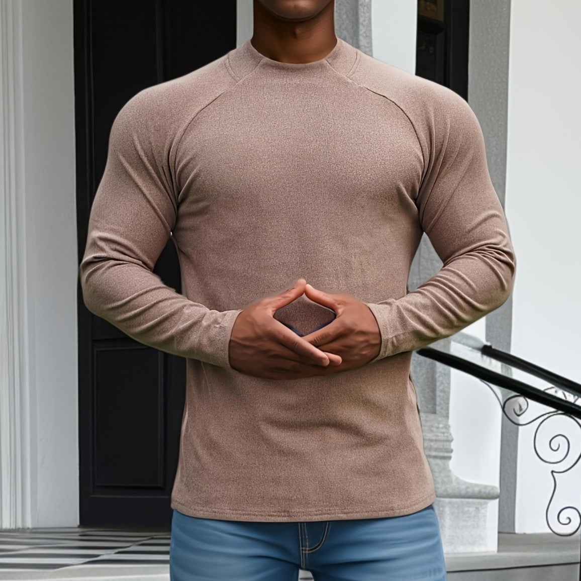 Men's Long-Sleeve T-Shirt – Slim Fit – Soft Stretch Cotton – Raglan Sleeves – Crew Neck