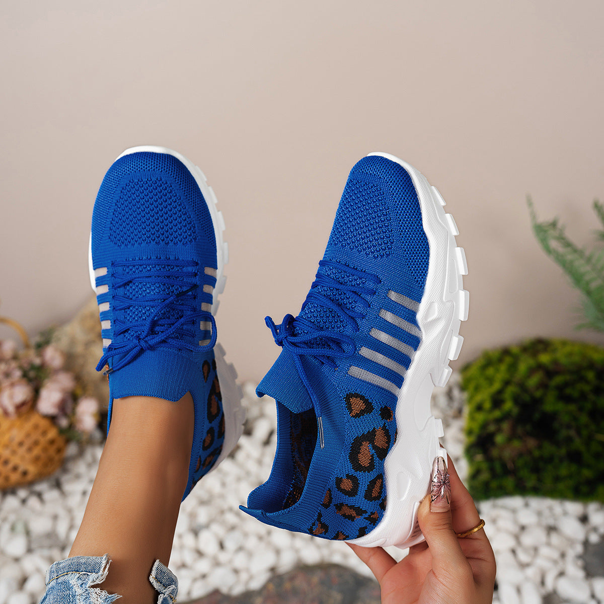 Women's Sneakers – Breathable Flyknit – Low Profile – Leopard Details – Wavy Sole