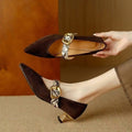 Women's Mary Jane Shoes – Suede – Pointed Toe – Mid Heel – Decorative Buckle Strap