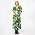 Dress for women – V-neckline – Floral pattern – Short wide sleeves – Slit – Midi length