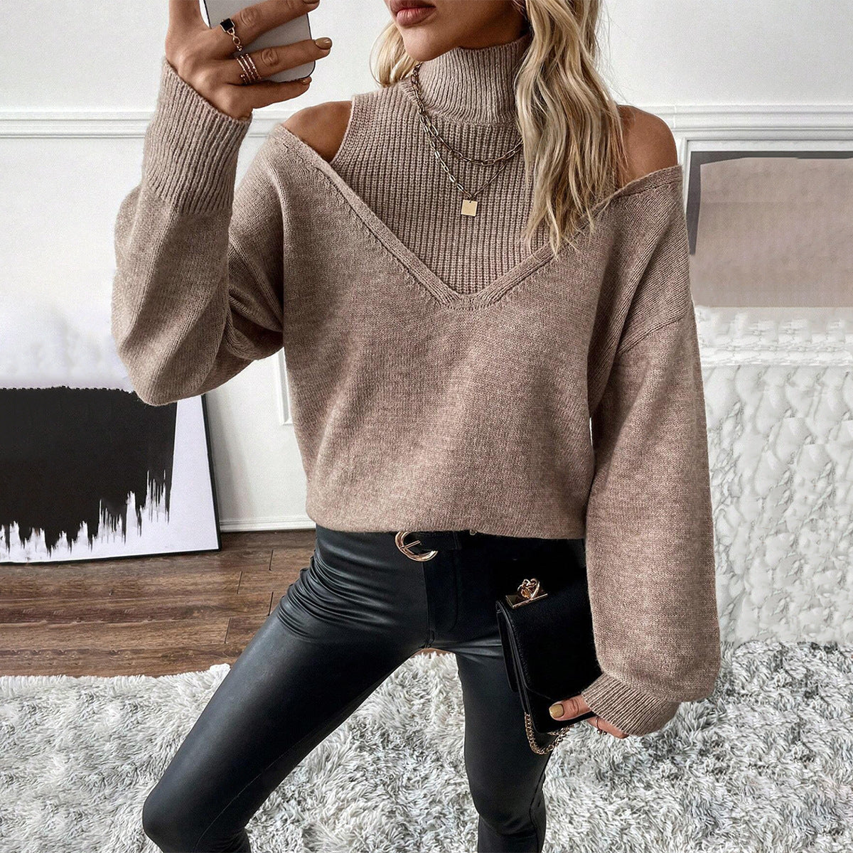 Wool Blend Relaxed Off-Shoulder Knit Sweater