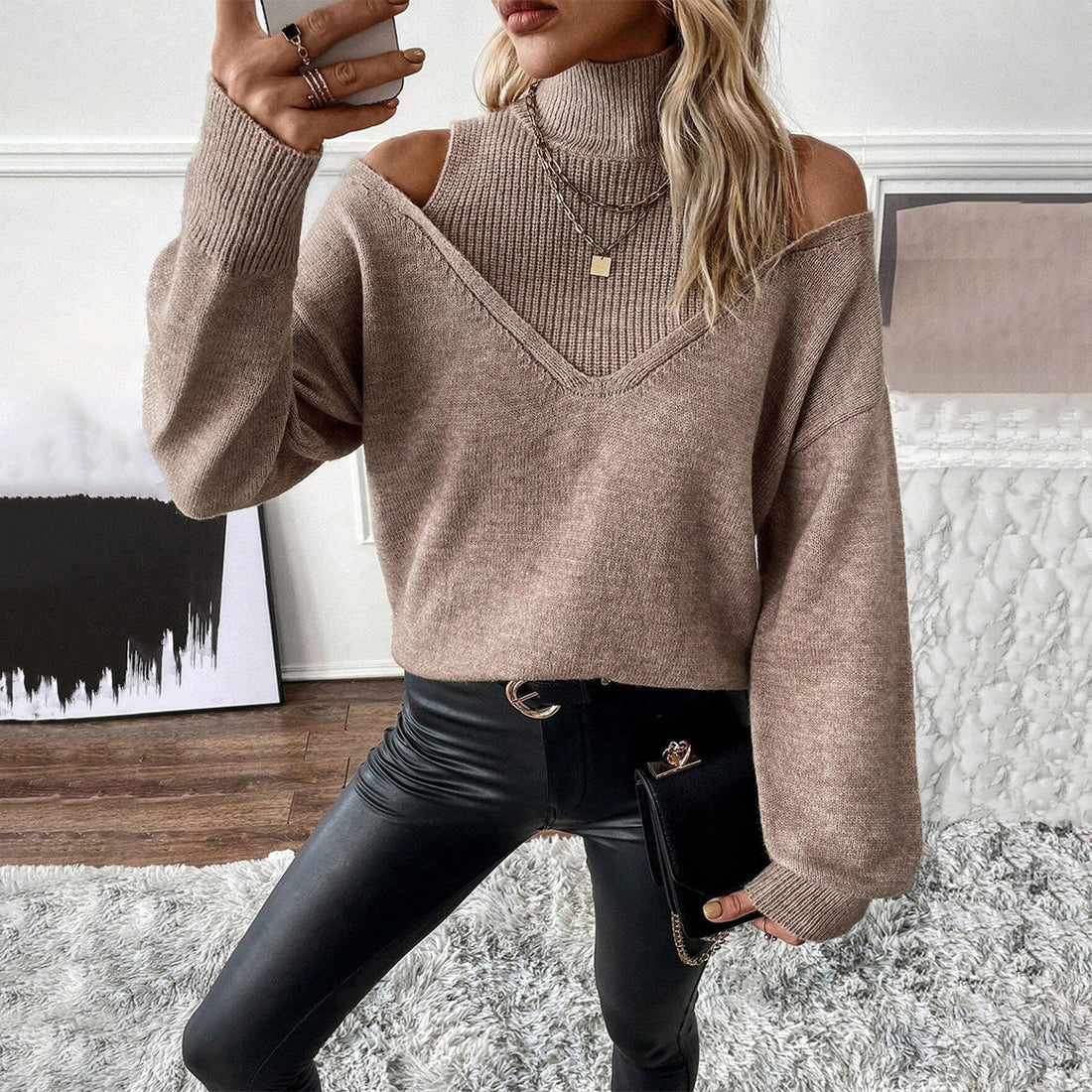 Wool Blend Relaxed Off-Shoulder Knit Sweater