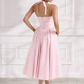 Women's Dress – Halterneck – Slim Fit – A-line Pleated Skirt – V-neckline – Cotton Blend