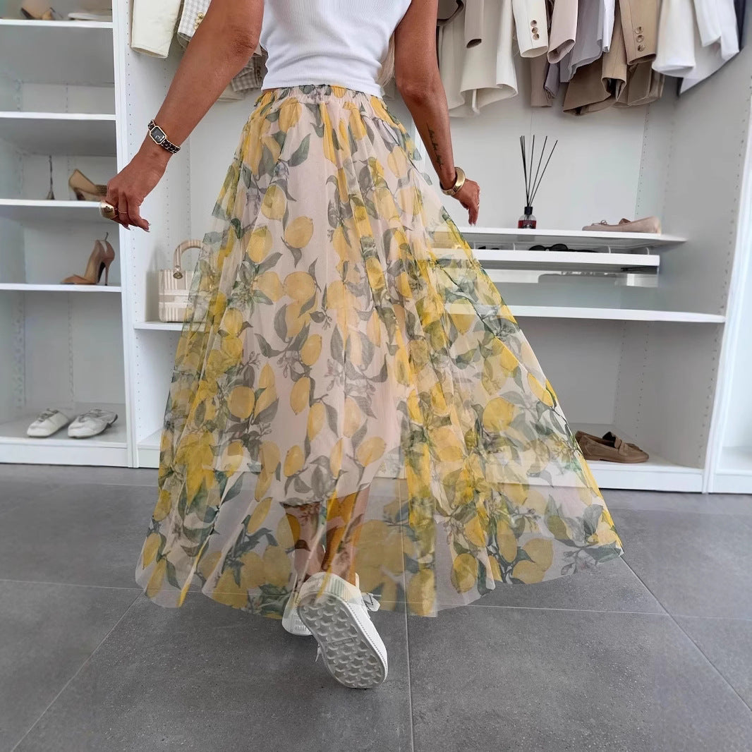 Dame Lang Nederdel – Let Mesh – Elastisk Talje – Flowy Pasform – Citronprint