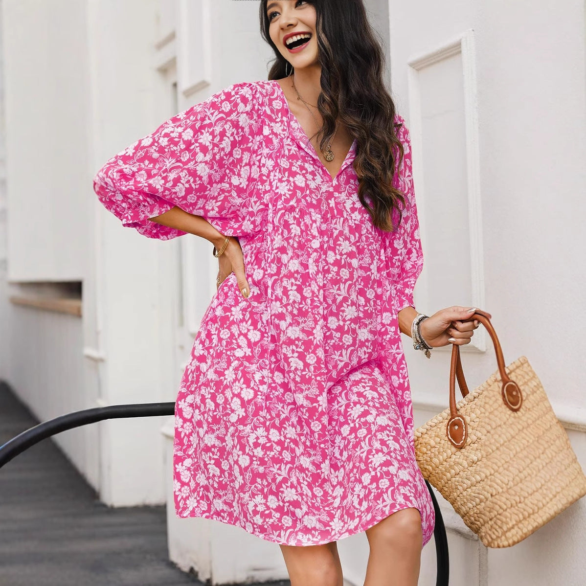 Light Cotton Relaxed Bohemian Floral Midi Dress