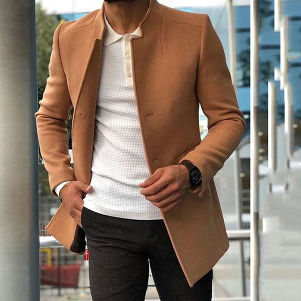 Wool Blend Slim Fit Stand Collar Overcoat
