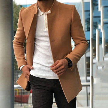 Wool Blend Slim Fit Stand Collar Overcoat