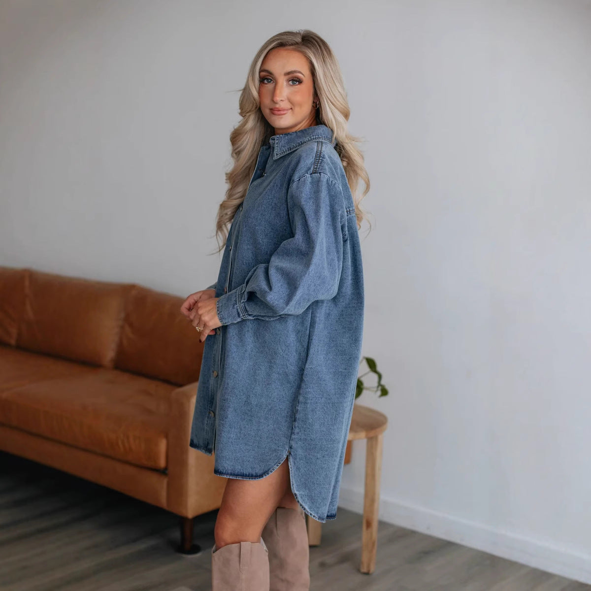 Women's Denim Jacket – Relaxed Fit – Knee Length – Belt – Long Sleeves – Button Closure