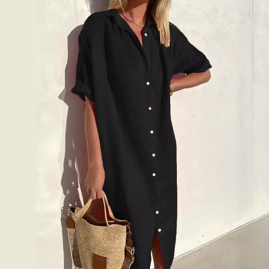 Cotton Linen Blend Relaxed Shirt Dress