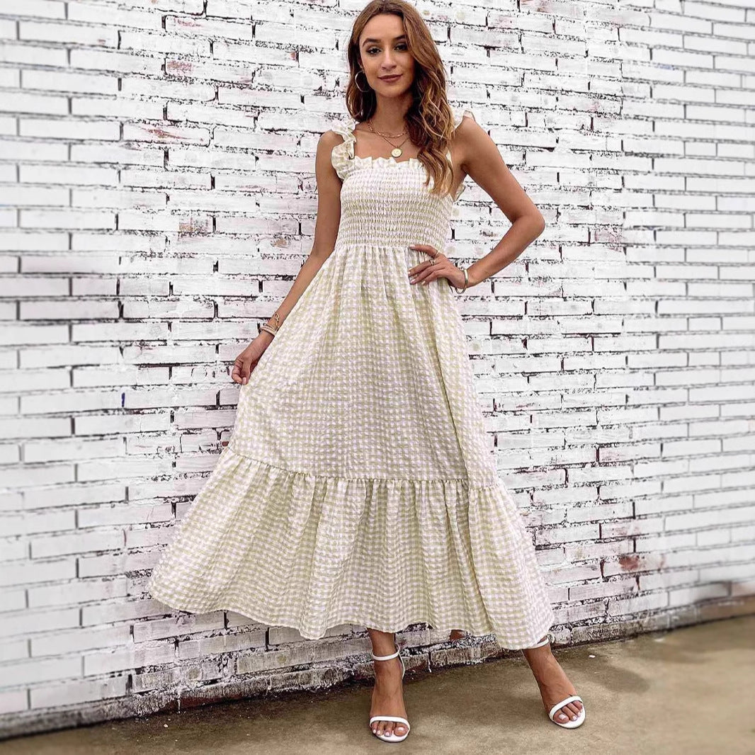 Women's A-line Dress – Smock Top – Spaghetti Straps – Checkered Maxi Skirt