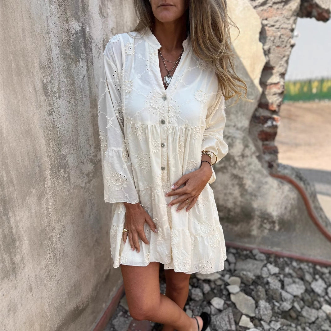 Women's Dress – Cotton – Loose Fit – Embroidered English Embroideries – V-neck – Button Closure – 3/4 Sleeves – Short Length