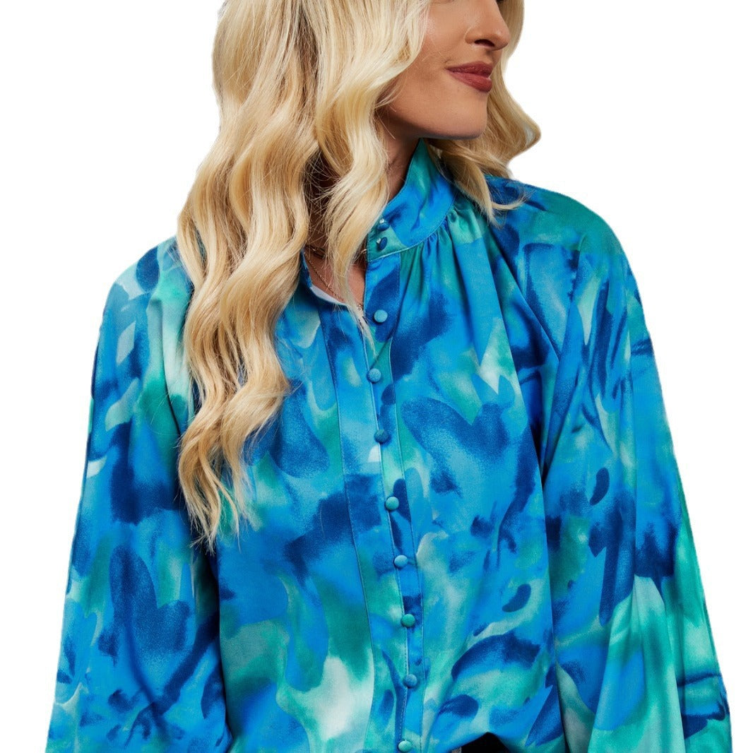 Lightweight Breathable Artistic Print Long-Sleeved Blouse