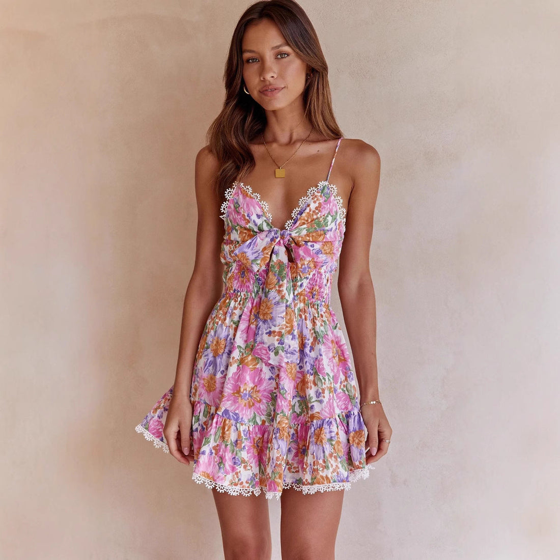 Floral Lace Trim A-Line Mini Dress